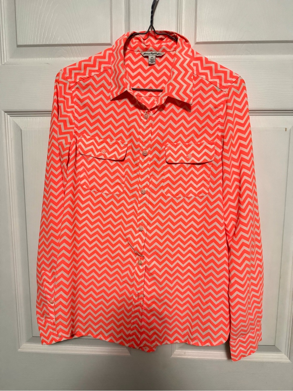American Eagle Outfitters Coral and White Chevron Button-Down Blouse